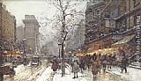 A Busy Boulavard Under Snow at Porte St. Martin, Paris by Eugene Galien-Laloue